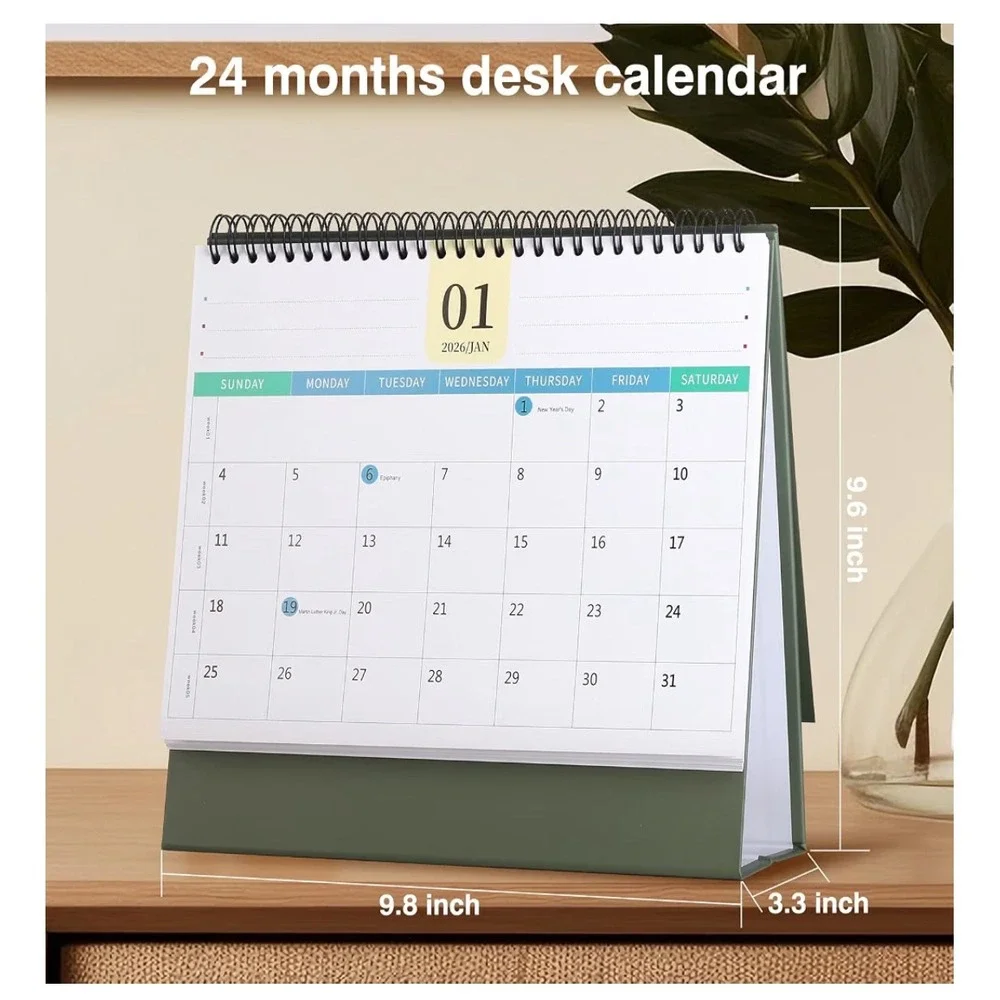 2026-2027 Desk Calendar 24 Month Standing Flip Planner White Sage Green 9.8x9.6